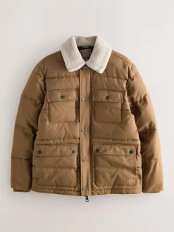 Next Tan Brown Canvas Worker Puffer Jacket With Borg Collar Online