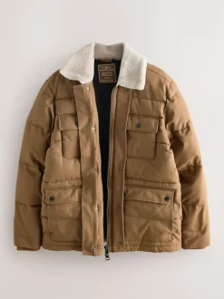 Next Tan Brown Canvas Worker Puffer Jacket With Borg Collar Online