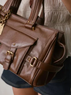 Next Charm Buckle Hand Held Bag Tan Brown Discount
