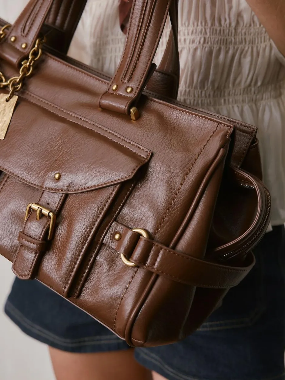 Next Charm Buckle Hand Held Bag Tan Brown Discount