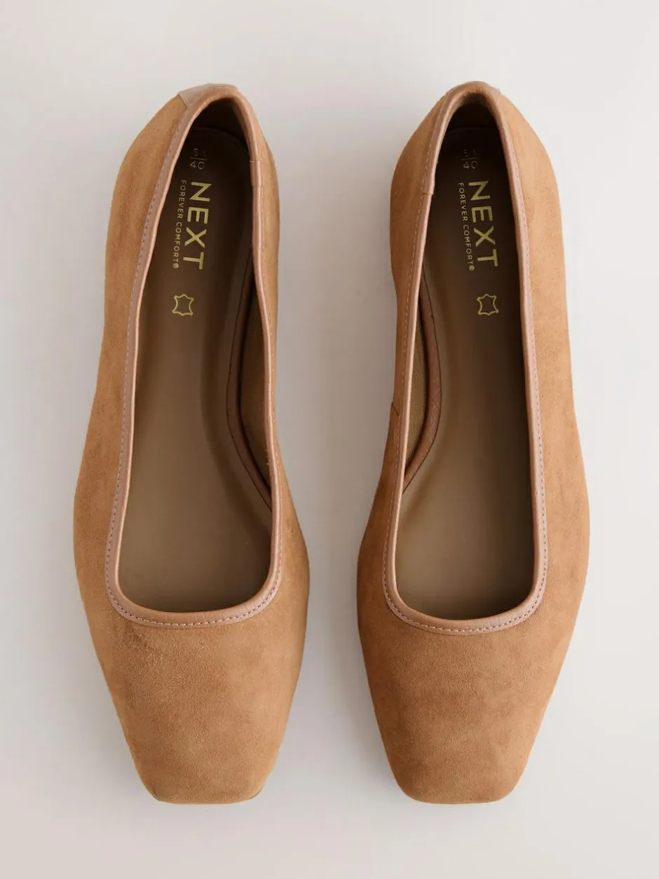 Next Tan Brown Forever Comfort® Leather Square Toe Ballerina Shoes Clearance