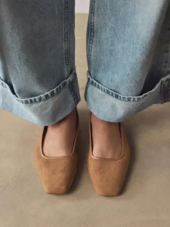 Next Tan Brown Forever Comfort® Leather Square Toe Ballerina Shoes Clearance