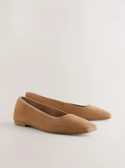 Next Tan Brown Forever Comfort® Leather Square Toe Ballerina Shoes Clearance