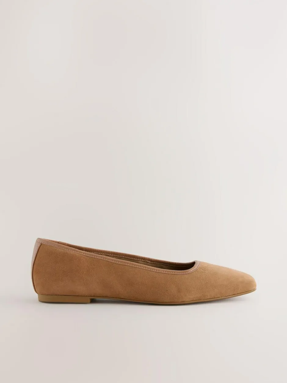 Next Tan Brown Forever Comfort® Leather Square Toe Ballerina Shoes Clearance