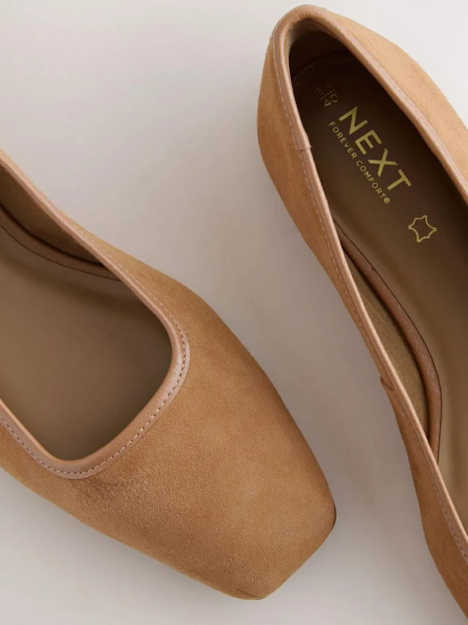 Next Tan Brown Forever Comfort® Leather Square Toe Ballerina Shoes Clearance