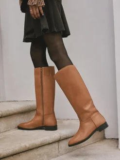 Next Extra Wide Fit Forever Comfort® Flat Riding Boots Tan Brown Leather Outlet
