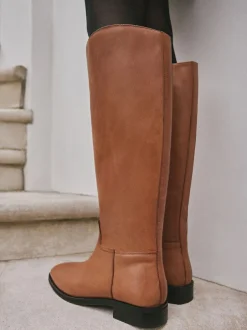 Next Extra Wide Fit Forever Comfort® Flat Riding Boots Tan Brown Leather Outlet