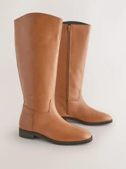 Next Extra Wide Fit Forever Comfort® Flat Riding Boots Tan Brown Leather Outlet