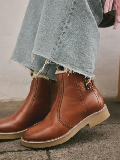 Next Forever Comfort® Faux Fur Lined Buckle Trim Ankle Boots Tan Brown Leather Sale