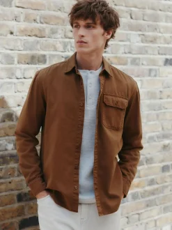Next Long Sleeve Garment Dyed Oxford Shirt Tan Brown Sale