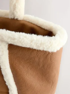 Next Tan Brown PU Borg Tote Bag Sale