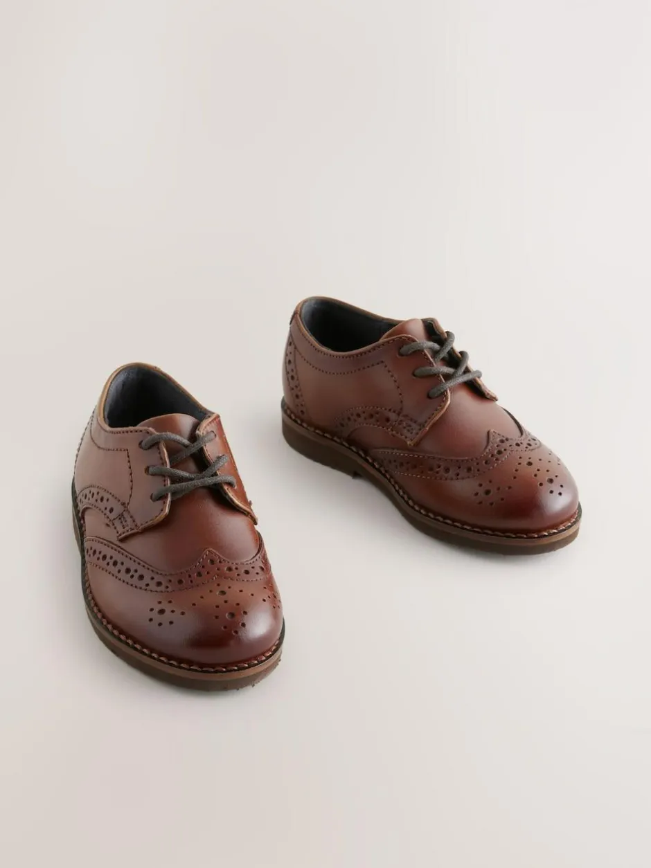 Next Tan Brown Standard Fit (F) Smart Leather Brogue Shoes Outlet