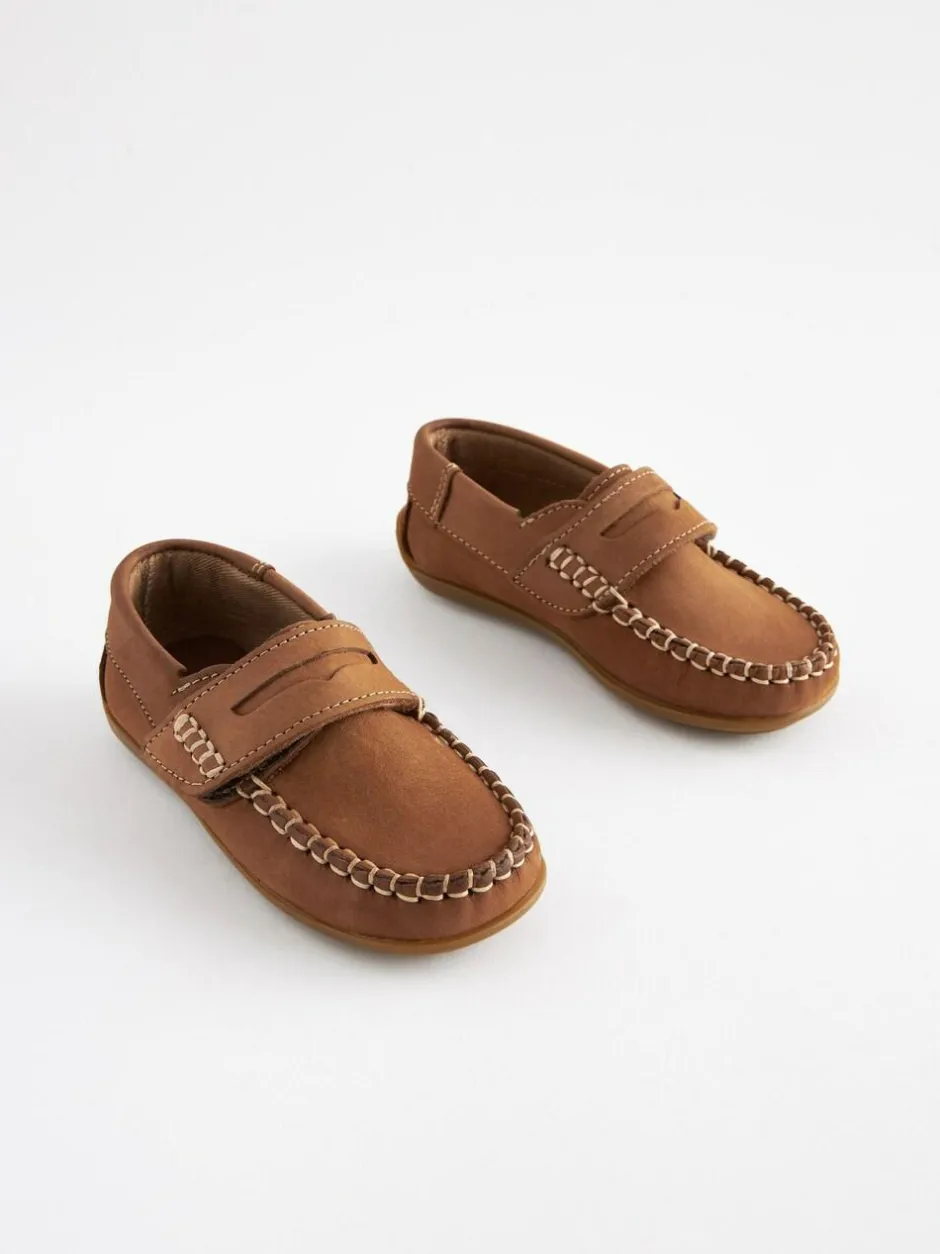 Next Standard Fit (F) Leather Penny Loafers with Touch and Close Fastening Tan Brown Best