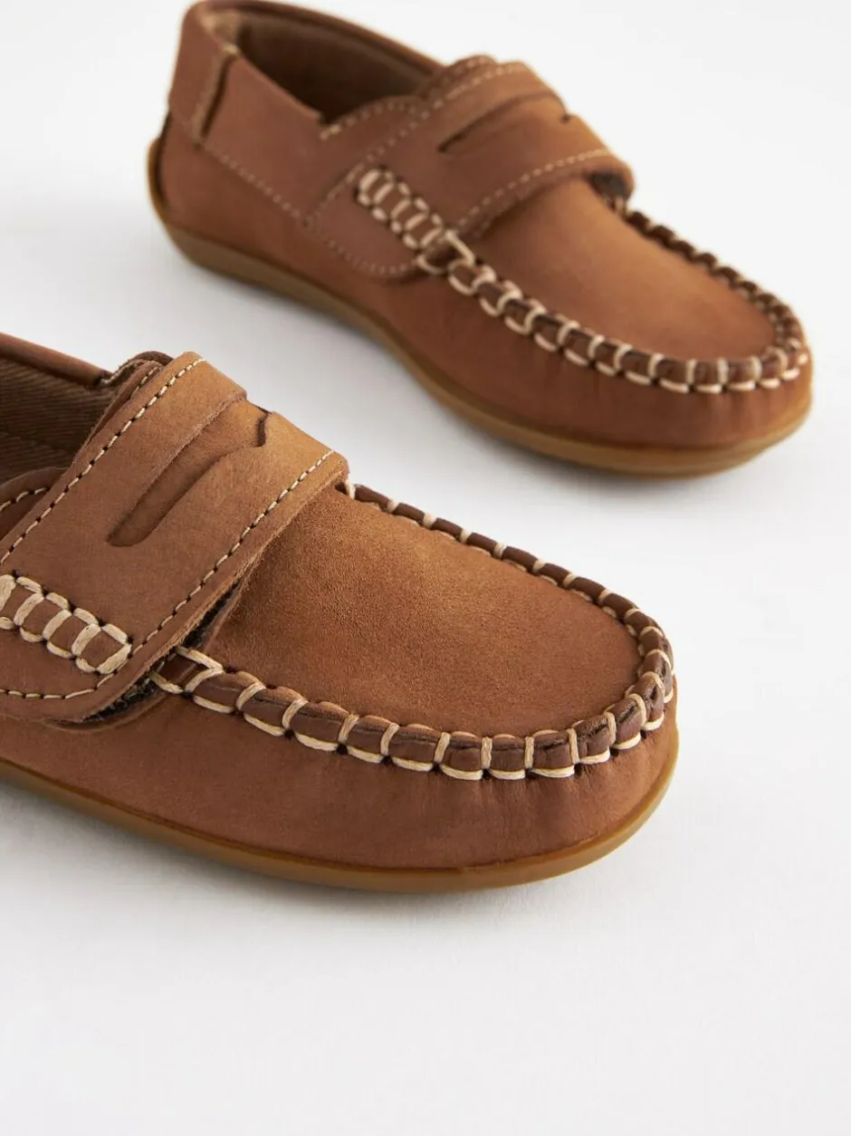 Next Standard Fit (F) Leather Penny Loafers with Touch and Close Fastening Tan Brown Best