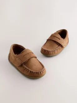 Next Tan Brown Standard Fit (F) Leather Penny Loafers with Touch and Close Fastening New