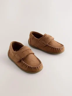 Next Tan Brown Standard Fit (F) Leather Penny Loafers with Touch and Close Fastening New