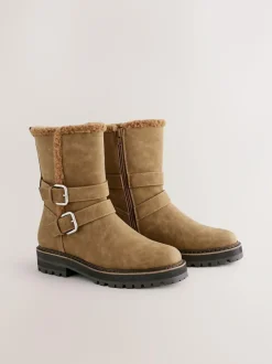 Next Standard/Wide Fit Forever Comfort® Double Buckle Faux Fur Lined Ankle Boots Tan Brown Clearance