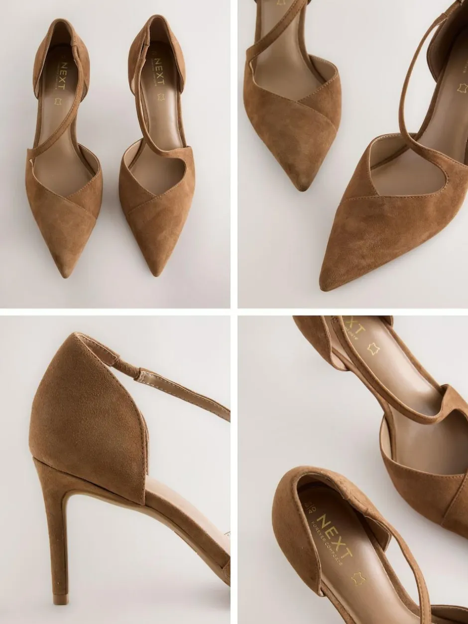 Next Premium Leather Asymmetric Court Heels Tan Brown Suede