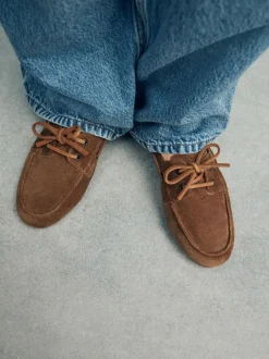 Next Standard Fit Leather Round Toe Boat Shoes Tan Brown Suede