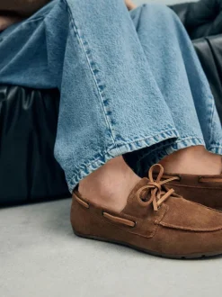 Next Standard Fit Leather Round Toe Boat Shoes Tan Brown Suede