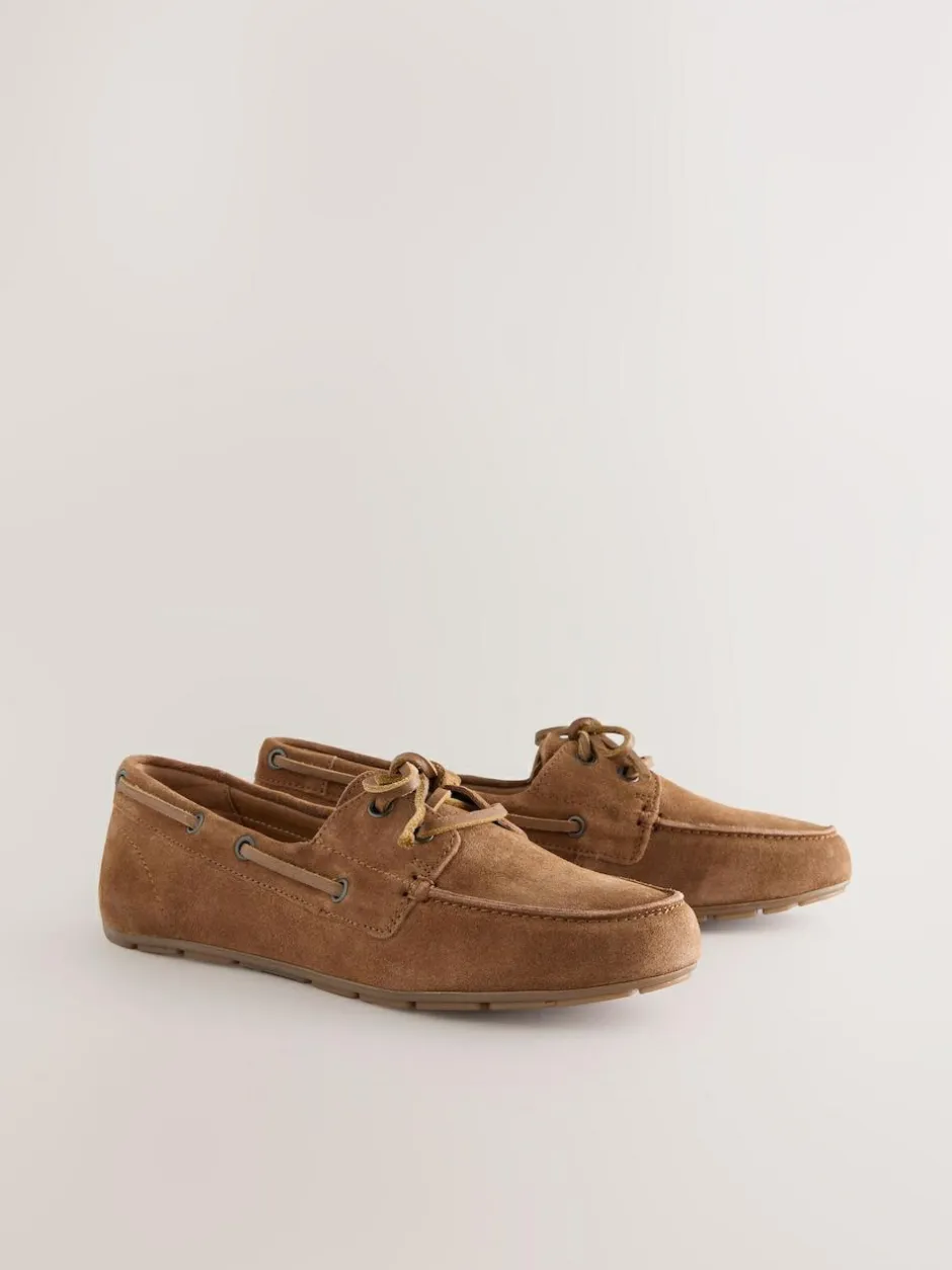 Next Standard Fit Leather Round Toe Boat Shoes Tan Brown Suede