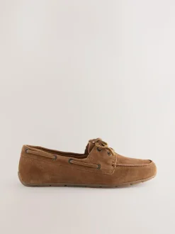 Next Standard Fit Leather Round Toe Boat Shoes Tan Brown Suede