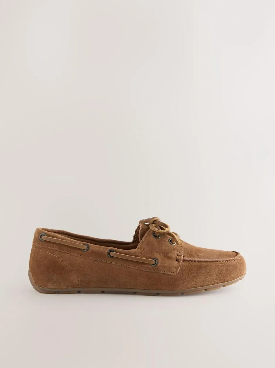 Next Standard Fit Leather Round Toe Boat Shoes Tan Brown Suede