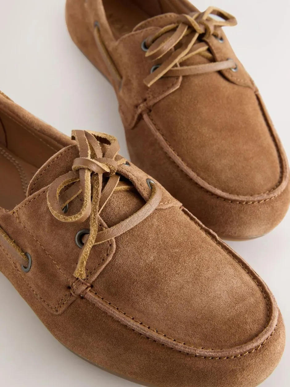 Next Standard Fit Leather Round Toe Boat Shoes Tan Brown Suede