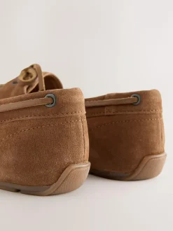 Next Standard Fit Leather Round Toe Boat Shoes Tan Brown Suede