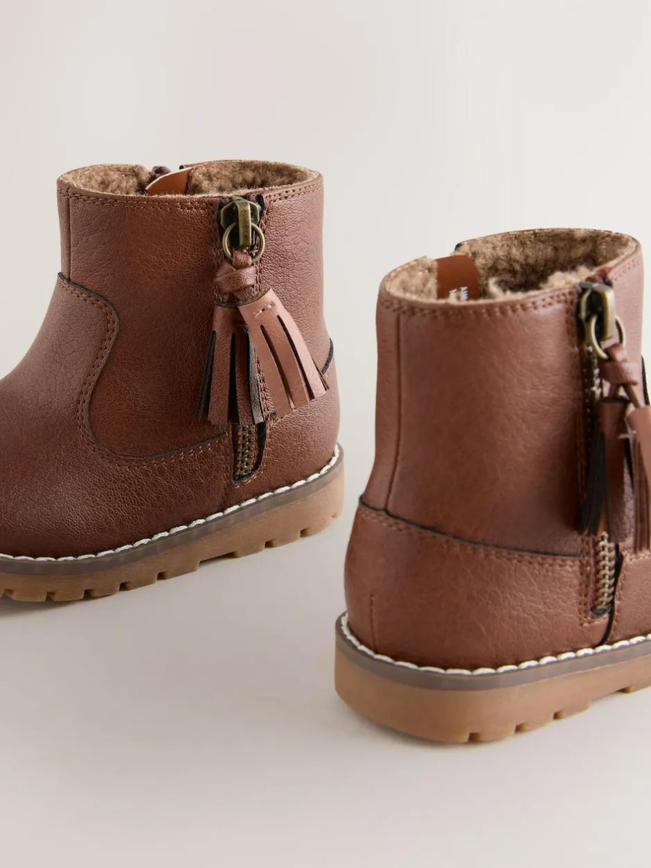 Next Tan Brown Wide Fit (G) Chelsea Zip Tassel Ankle Boots Discount