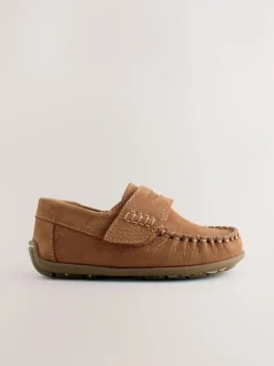 Next Tan Brown Wide Fit (G) Leather Penny Loafers with Touch and Close Fastening Hot