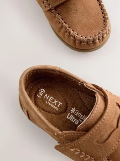 Next Tan Brown Wide Fit (G) Leather Penny Loafers with Touch and Close Fastening Hot