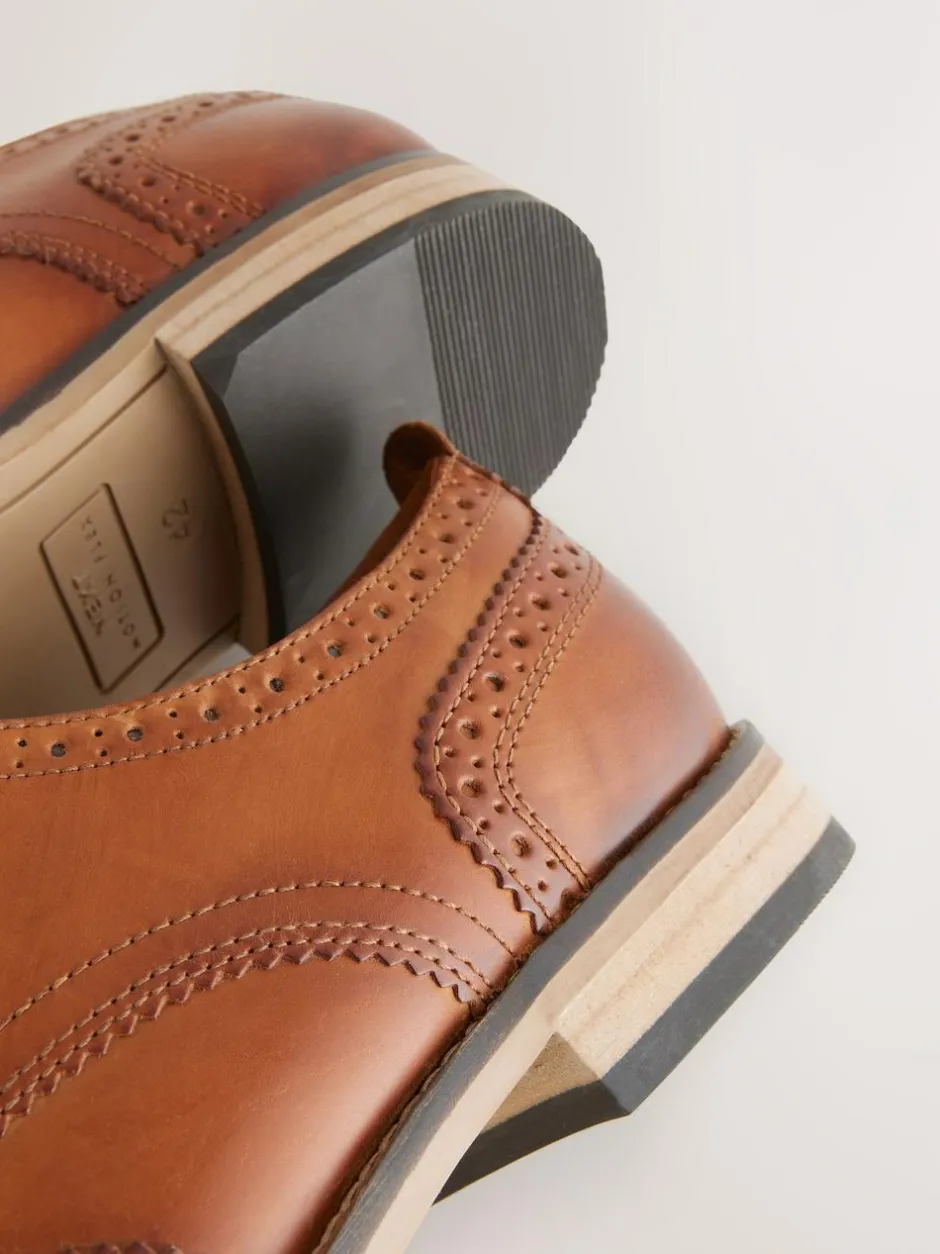 Next Wide Fit Leather Contrast Sole Brogue Shoes Tan Brown Outlet