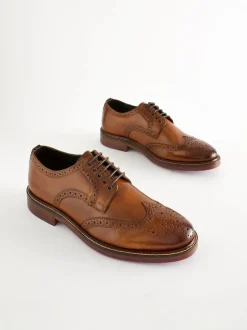 Next Tan Brown Wide Fit Leather Contrast Sole Chunky Brogues Shoes Hot