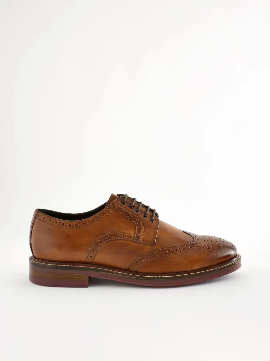 Next Tan Brown Wide Fit Leather Contrast Sole Chunky Brogues Shoes Hot