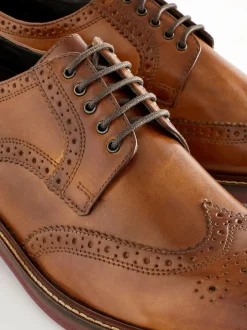 Next Tan Brown Wide Fit Leather Contrast Sole Chunky Brogues Shoes Hot