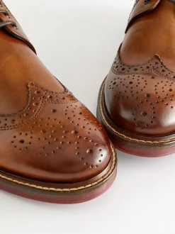 Next Tan Brown Wide Fit Leather Contrast Sole Chunky Brogues Shoes Hot