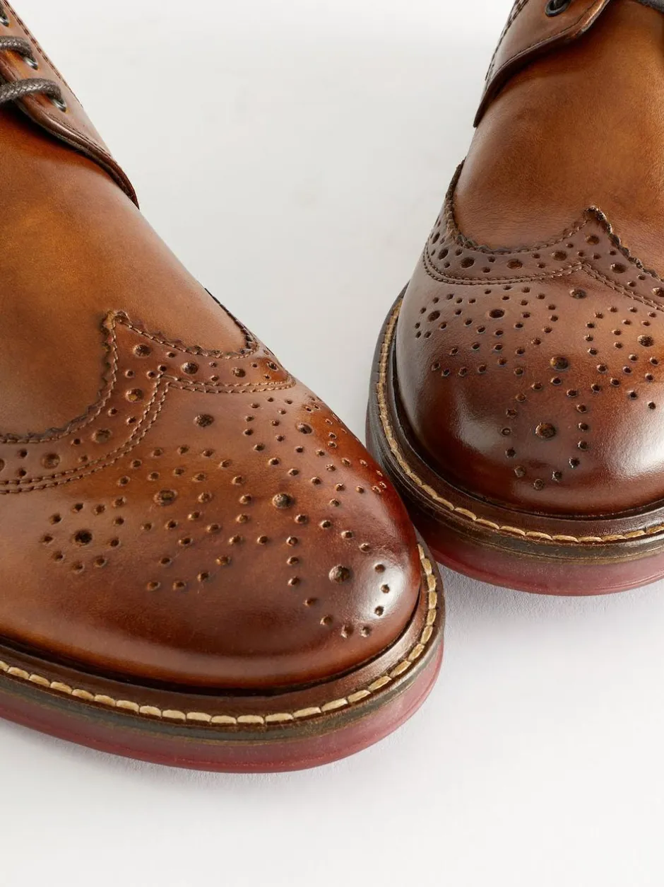 Next Tan Brown Wide Fit Leather Contrast Sole Chunky Brogues Shoes Hot