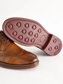 Next Tan Brown Wide Fit Leather Contrast Sole Chunky Brogues Shoes Hot