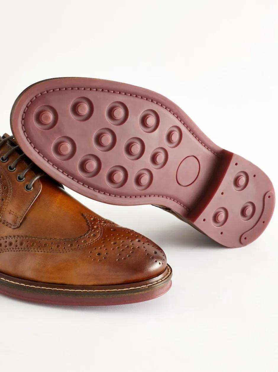 Next Tan Brown Wide Fit Leather Contrast Sole Chunky Brogues Shoes Hot