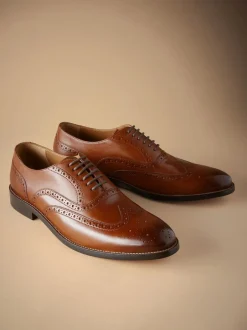 Next Wide Fit Signature Italian Leather Wingcap Brogue Shoes Tan Brown Outlet