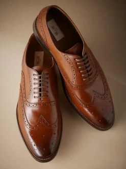 Next Wide Fit Signature Italian Leather Wingcap Brogue Shoes Tan Brown Outlet