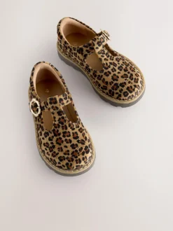 Next Wide Fit (G) T-Bar Shoes Tan/Animal Print New