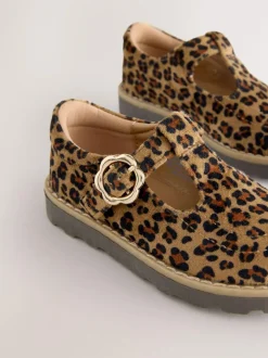Next Wide Fit (G) T-Bar Shoes Tan/Animal Print New