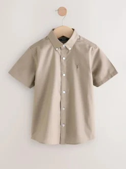 Next Taupe Logo Short Sleeve Cotton Rich Oxford Shirt (3-16yrs) Sale
