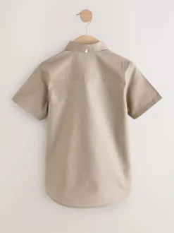 Next Taupe Logo Short Sleeve Cotton Rich Oxford Shirt (3-16yrs) Sale
