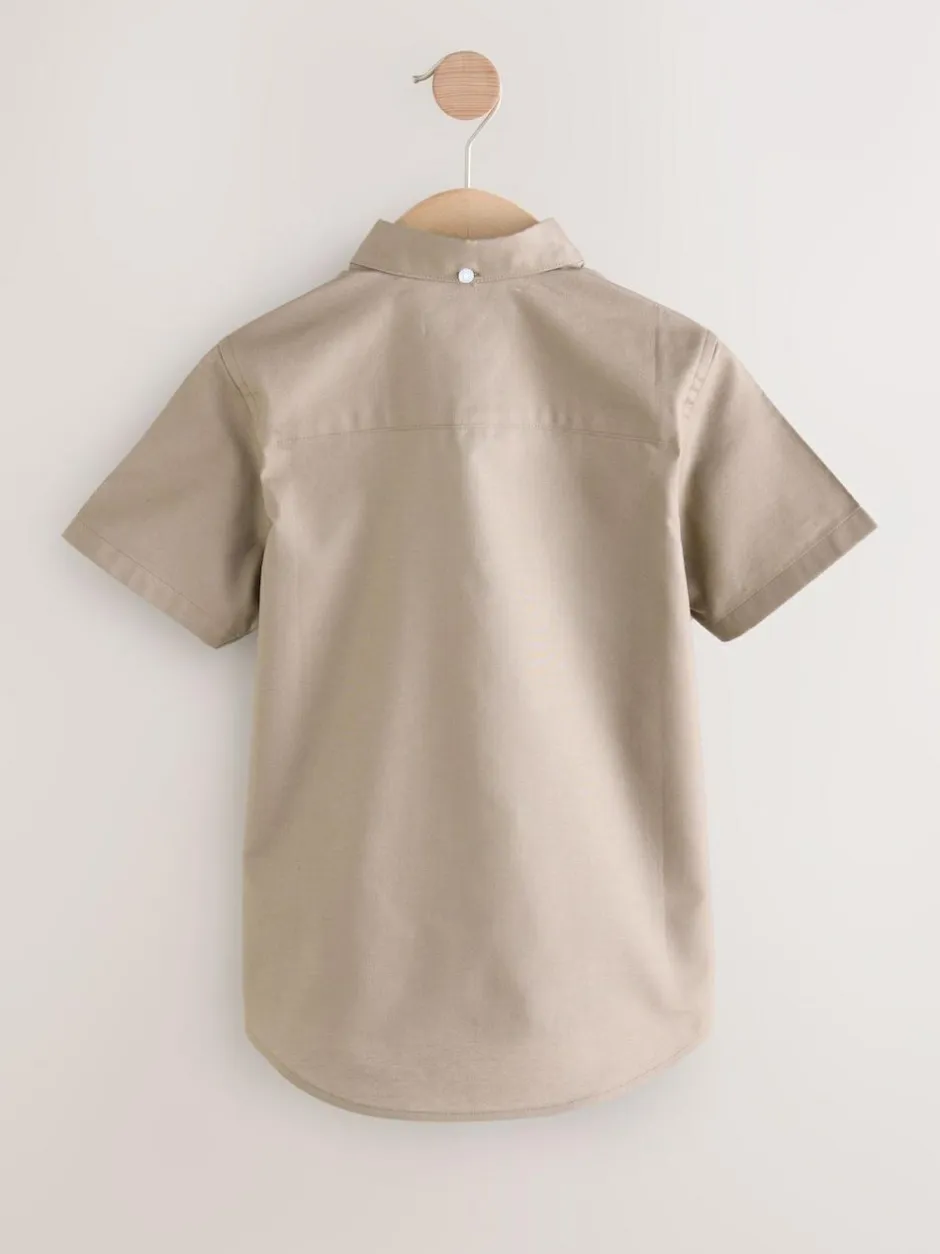 Next Taupe Logo Short Sleeve Cotton Rich Oxford Shirt (3-16yrs) Sale