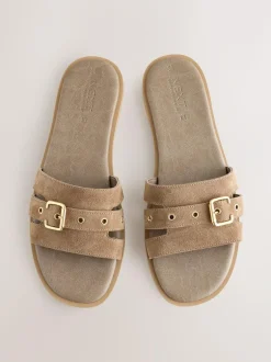 Next Buckle Mule Sandals Taupe Neutral Suede Sale