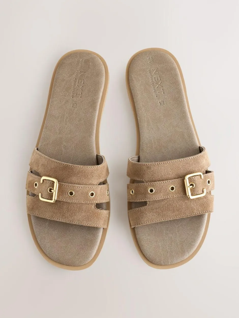 Next Buckle Mule Sandals Taupe Neutral Suede Sale