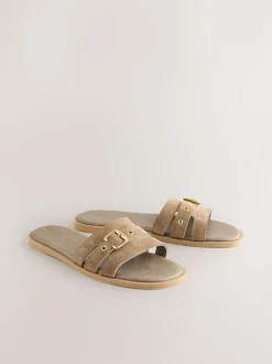 Next Buckle Mule Sandals Taupe Neutral Suede Sale